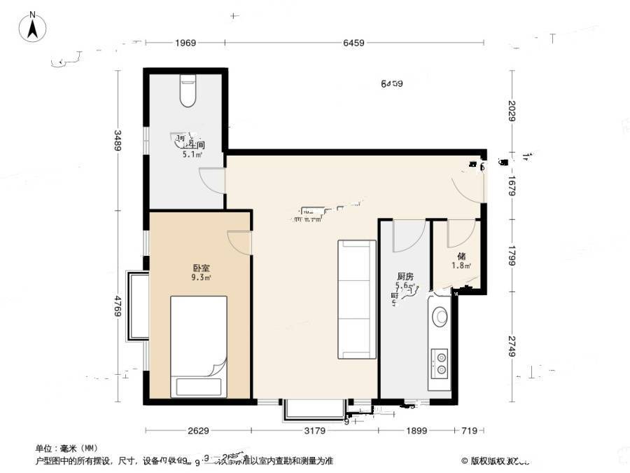 华狮国际公寓1室1厅1卫54.6㎡户型图