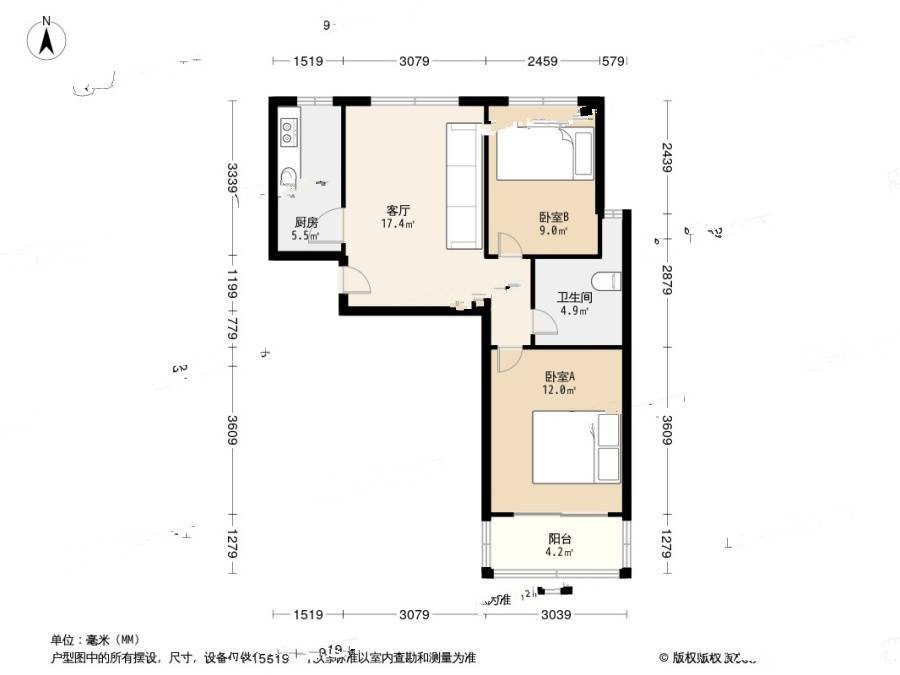 华泽新苑2室1厅1卫72.1㎡户型图