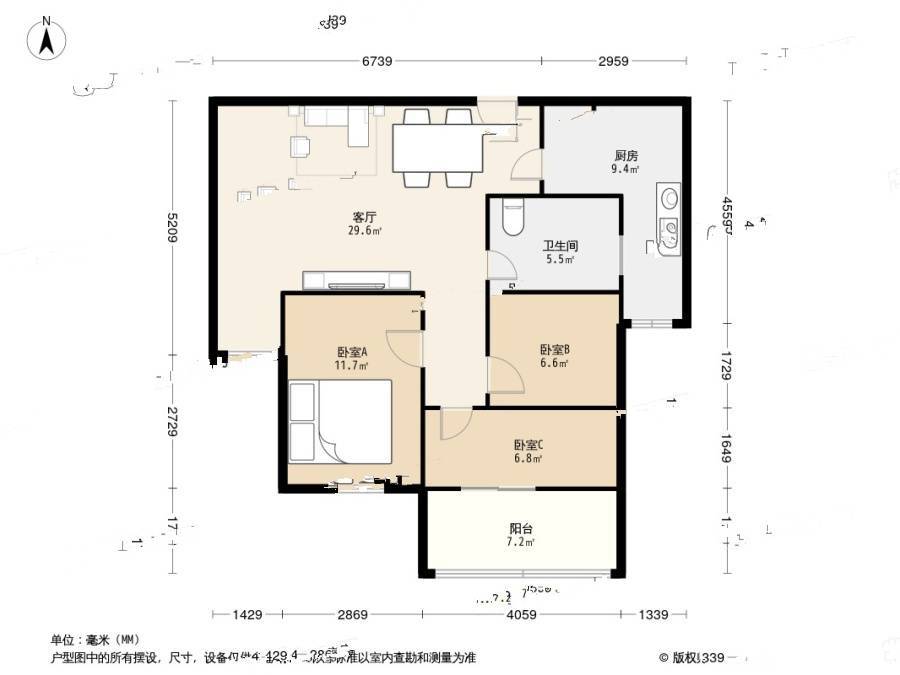 华泽新苑3室1厅1卫74㎡户型图