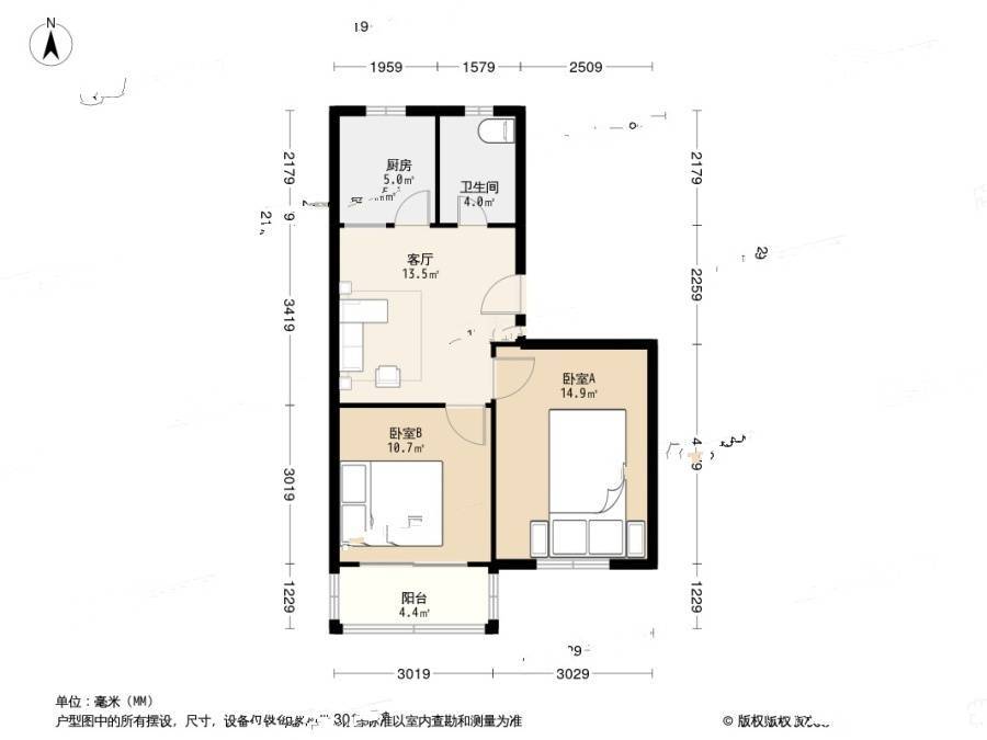 小塔前2室1厅1卫40.4㎡户型图