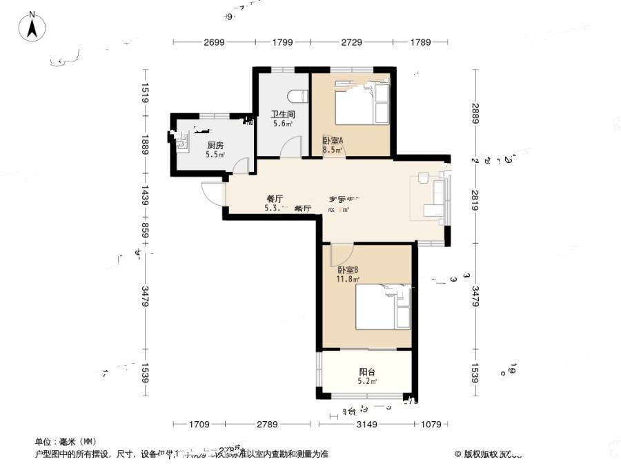 美罗家园宝欣苑五村2室1厅1卫68.8㎡户型图