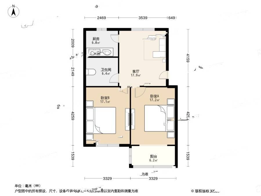 界泾港新村2室1厅1卫70.3㎡户型图