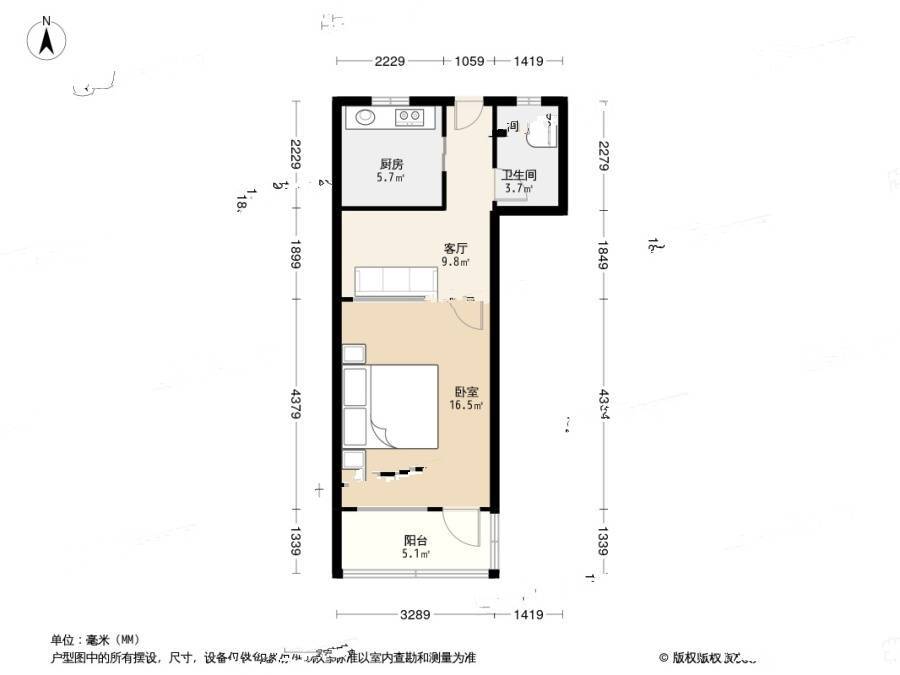 大华一村1室1厅1卫46.5㎡户型图