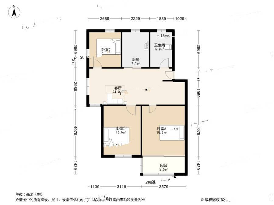 华骥苑3室1厅1卫89.5㎡户型图