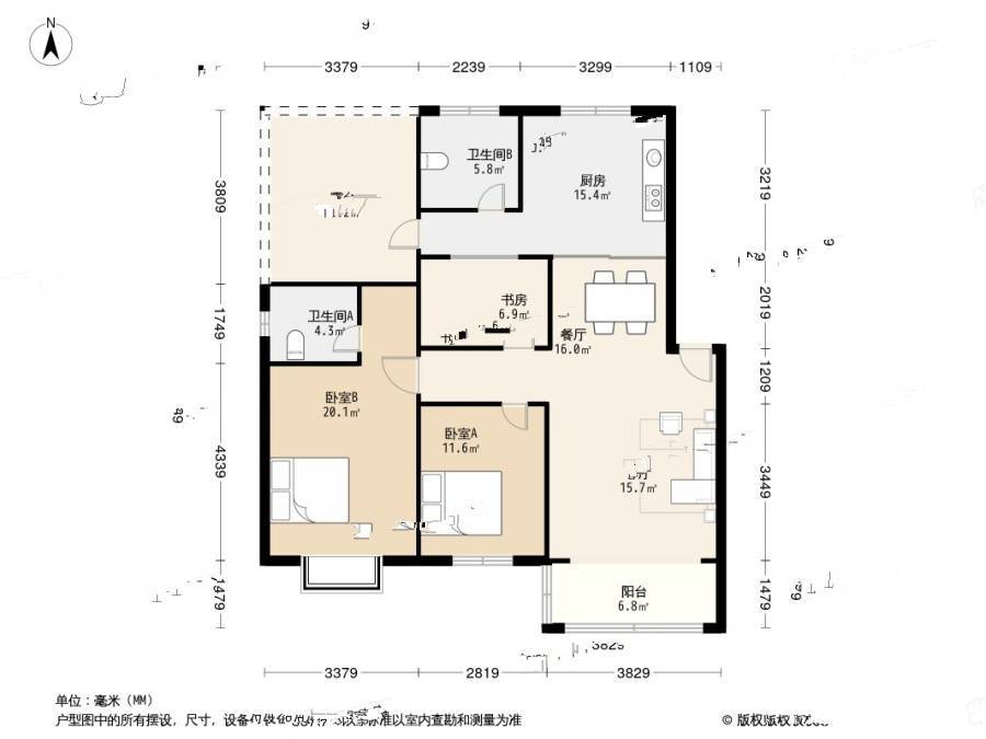 华骥苑3室2厅2卫91.4㎡户型图