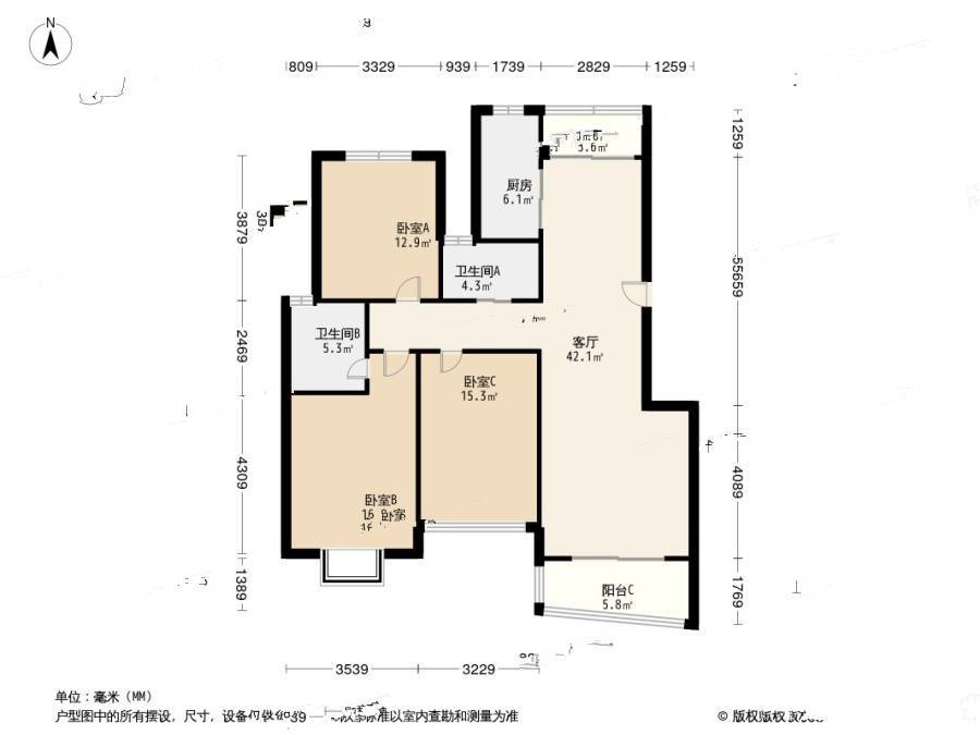 中虹花园新都苑3室2厅2卫134.4㎡户型图