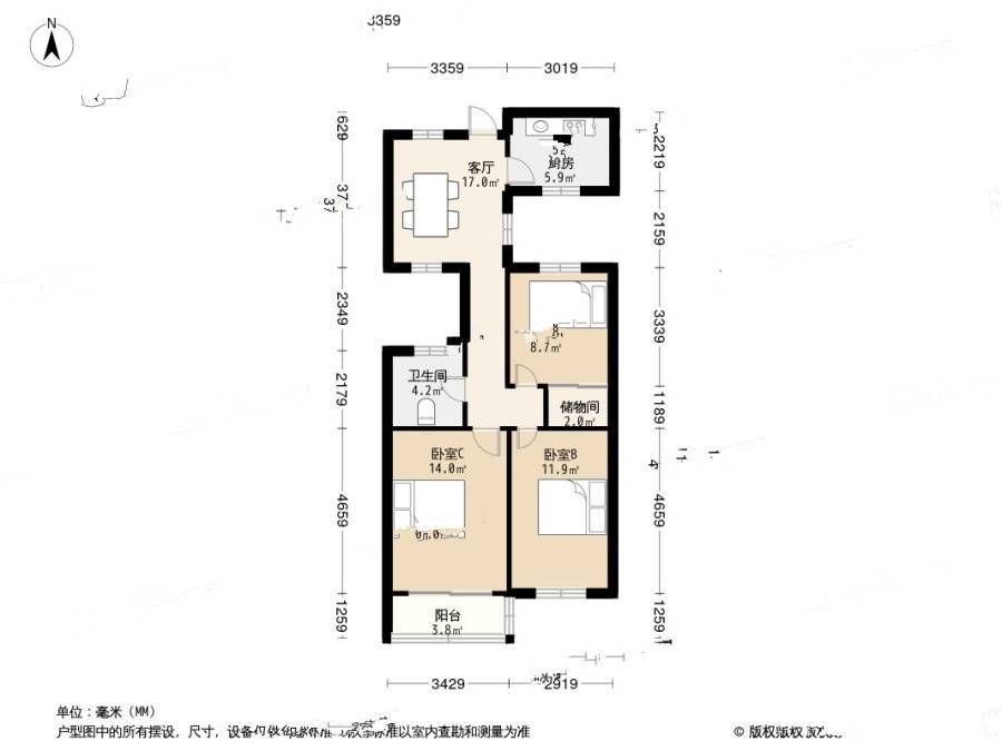 金属新村3室1厅1卫85.1㎡户型图