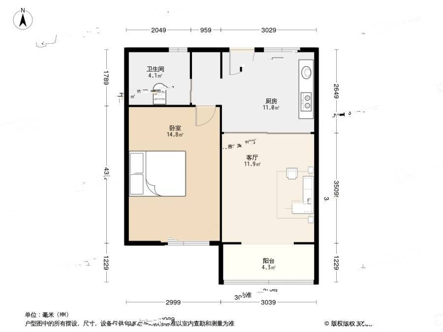 云舫小区2室1厅1卫64.8㎡户型图