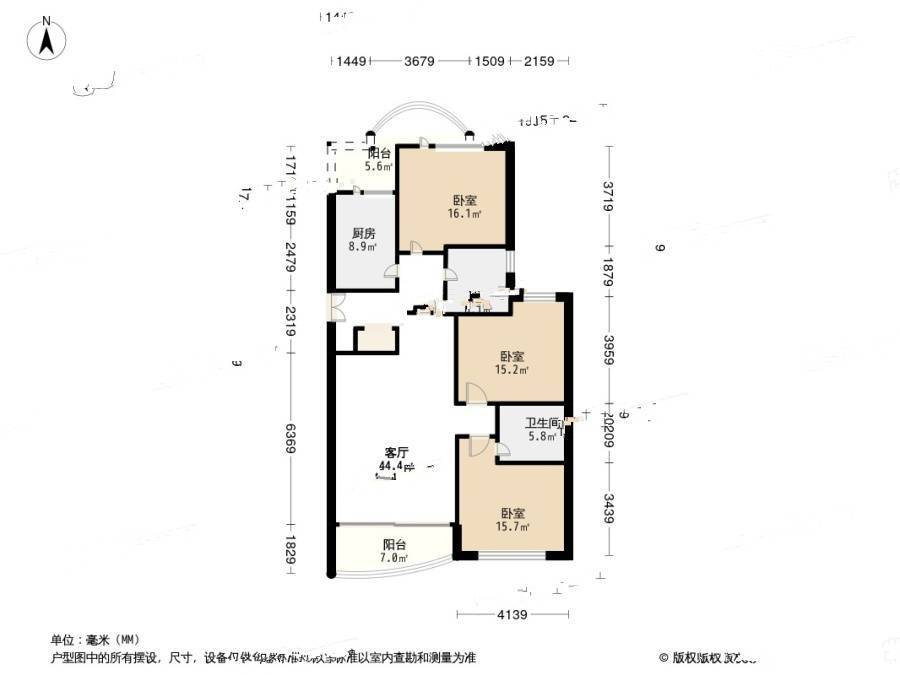 新华公寓3室2厅2卫129.5㎡户型图