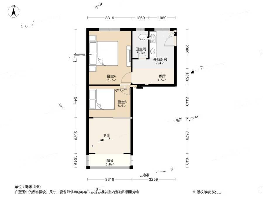 巴林路80弄小区2室1厅1卫60.2㎡户型图