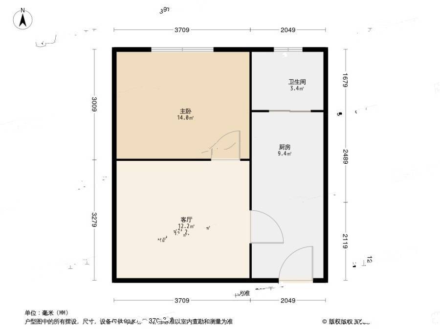 凤城三村1室1厅1卫34.2㎡户型图