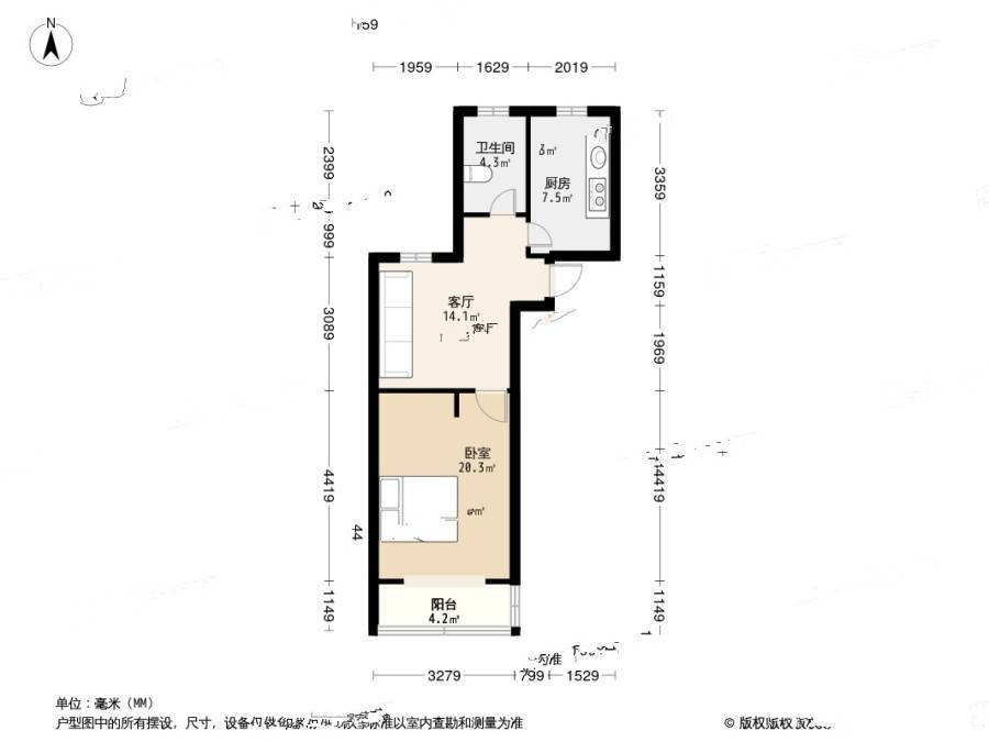 水电新村1室1厅1卫54.3㎡户型图