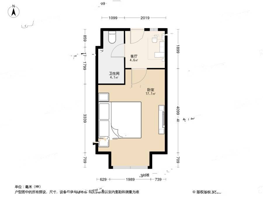 蓝朝部落1室1厅1卫34㎡户型图