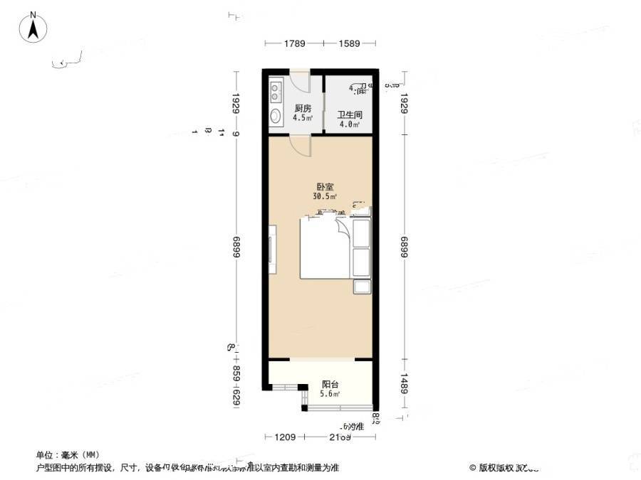 蓝朝部落1室0厅1卫45.1㎡户型图