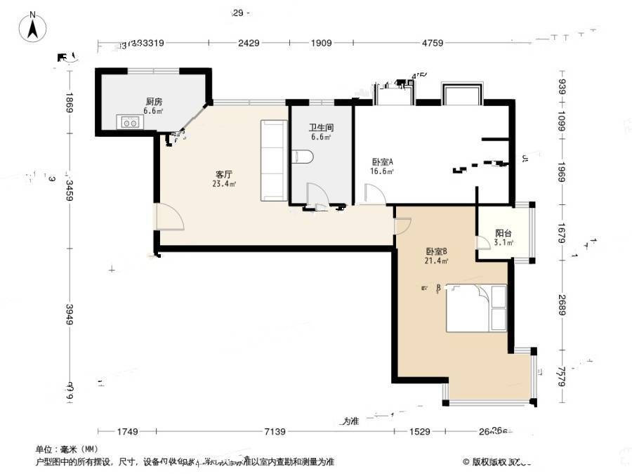 三湘四季花城2室1厅1卫77㎡户型图