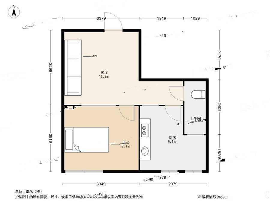 海派青城1室1厅1卫44.5㎡户型图