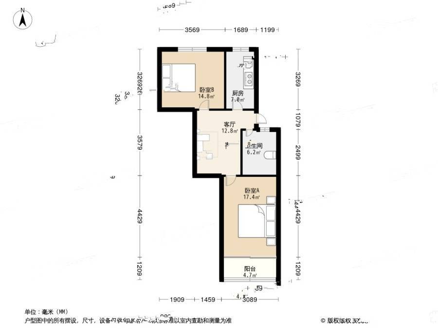 大华二村2室1厅1卫62.4㎡户型图