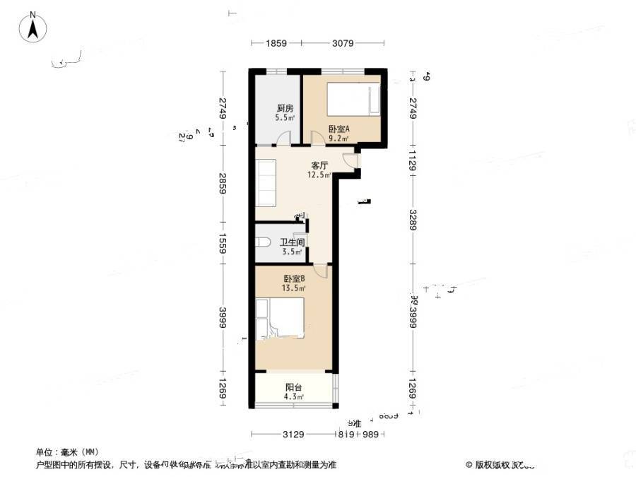 大华二村2室1厅1卫58.8㎡户型图