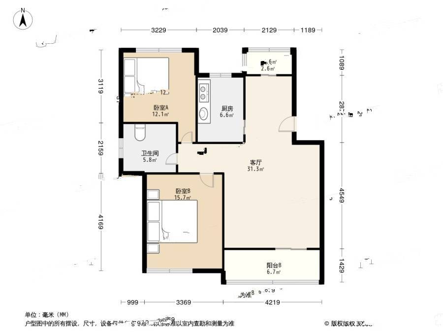 河畔家苑2室1厅1卫89.2㎡户型图