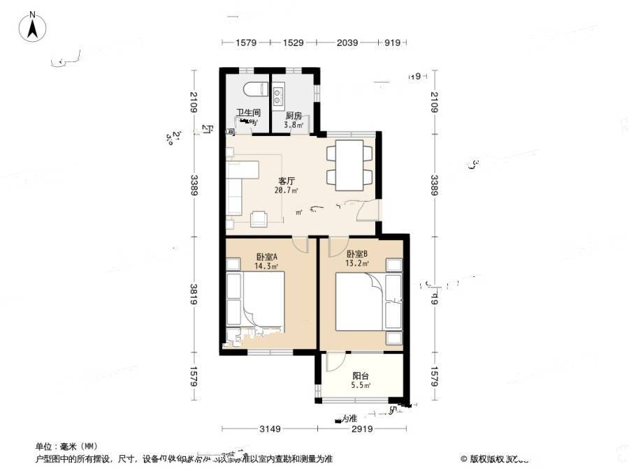 金华新村(青浦)2室1厅1卫67.7㎡户型图