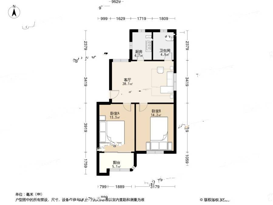 金华新村(青浦)2室1厅1卫67.7㎡户型图