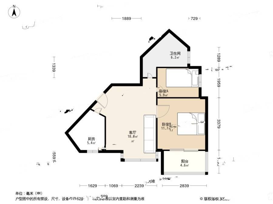 新城尚景2室1厅1卫72.7㎡户型图