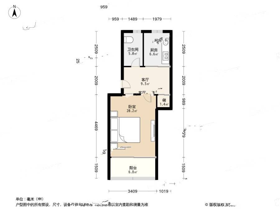 泗塘三村1室1厅1卫48.5㎡户型图