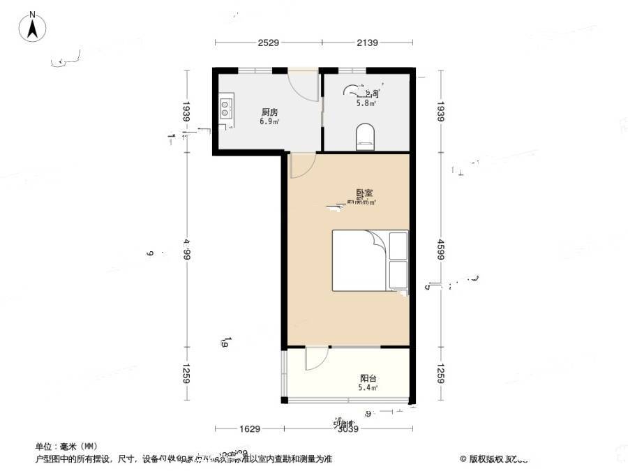 海滨八村1室1厅1卫34.8㎡户型图