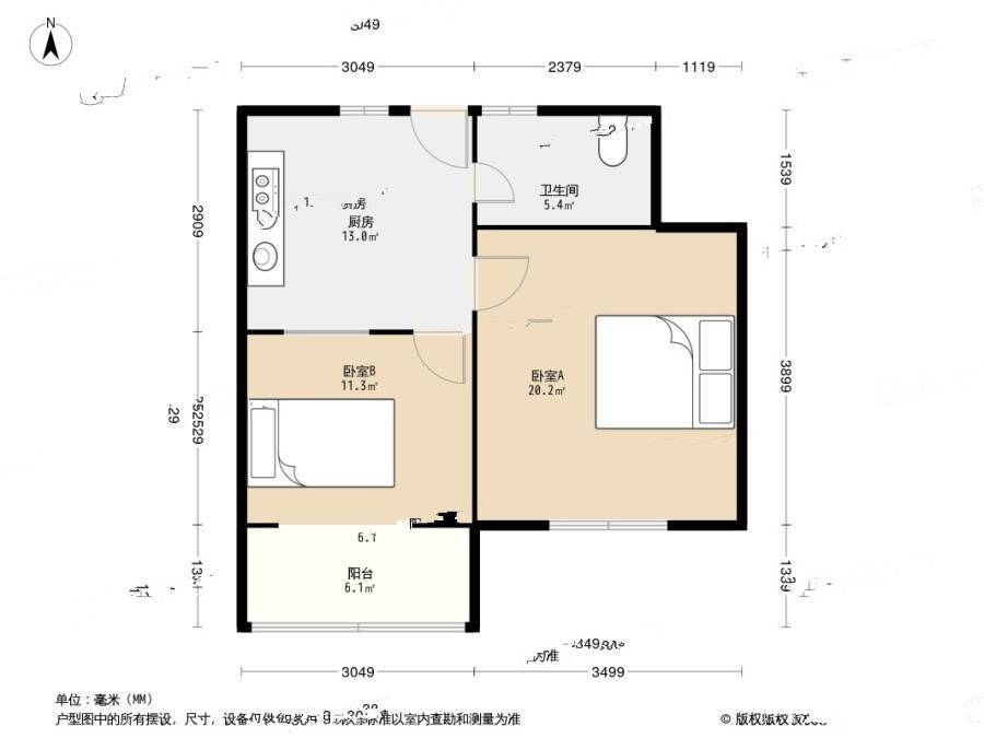 海滨八村2室0厅1卫44.6㎡户型图