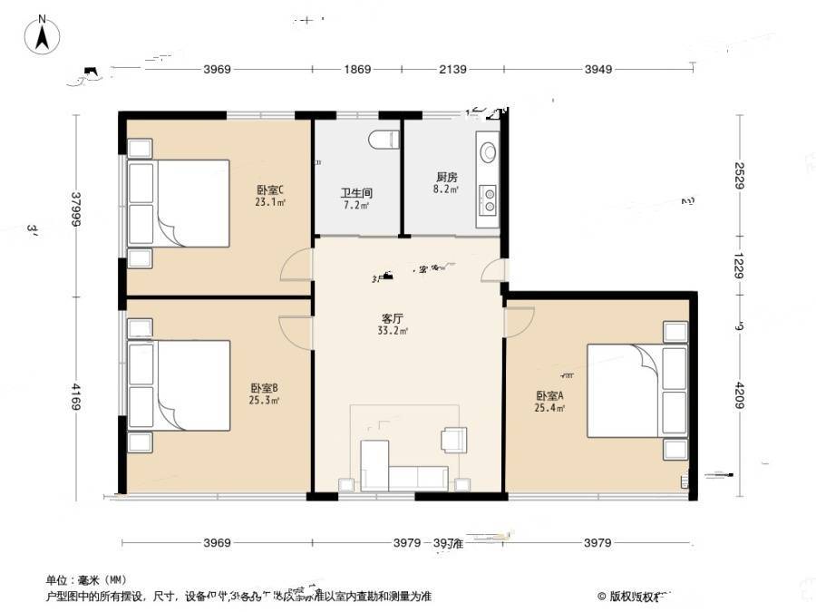 桃园新村(宝山)3室1厅1卫86.9㎡户型图