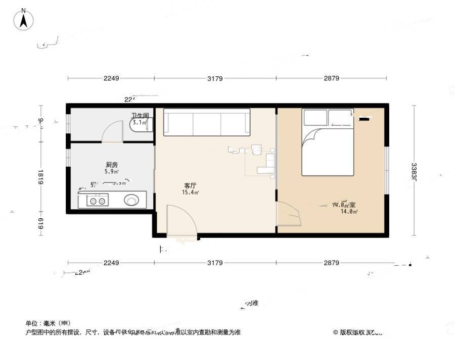 宜川三村1室1厅1卫37.3㎡户型图