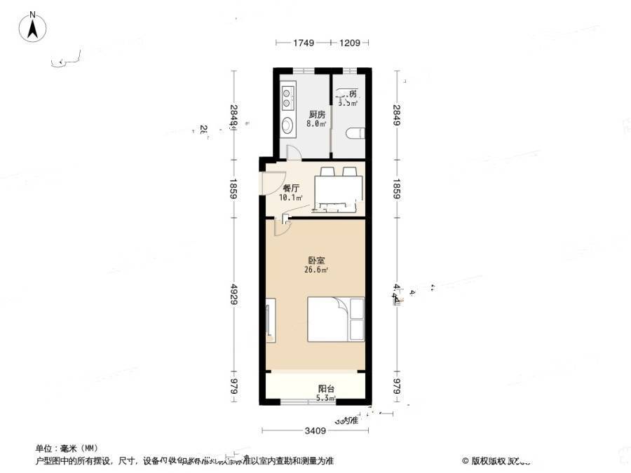 宜川三村1室1厅1卫49.6㎡户型图