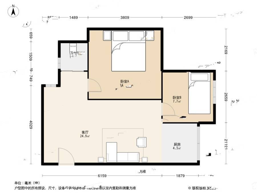 安居金祁新城2室1厅1卫71㎡户型图