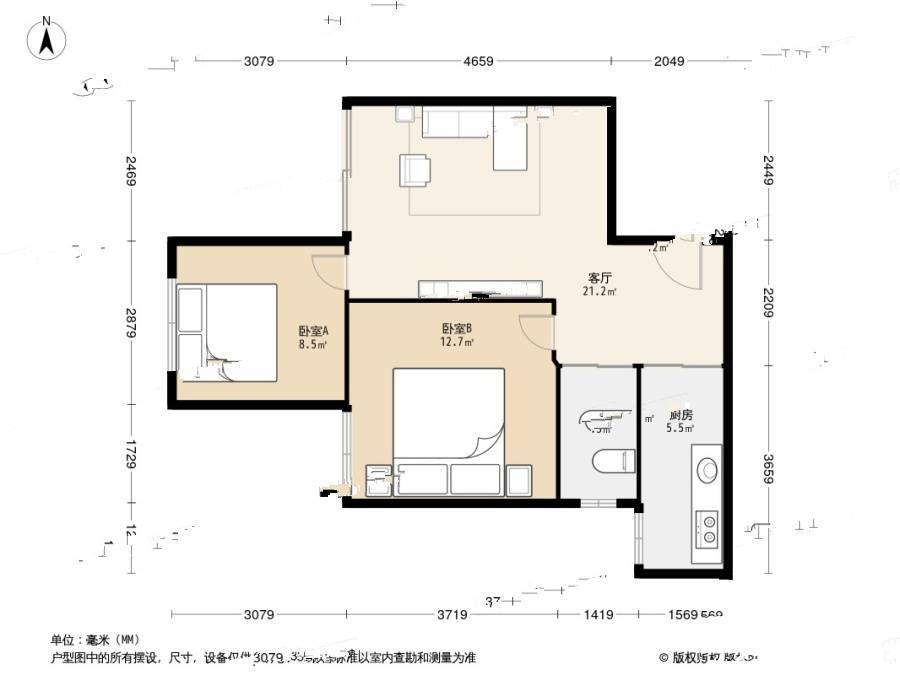 安居金祁新城2室2厅1卫76.1㎡户型图