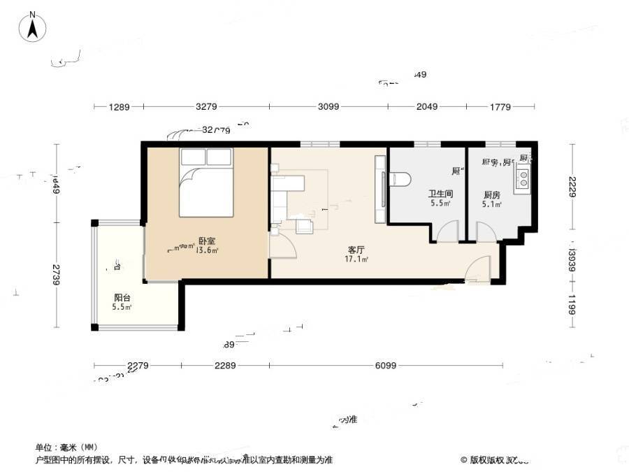 安居金祁新城1室1厅1卫57.4㎡户型图