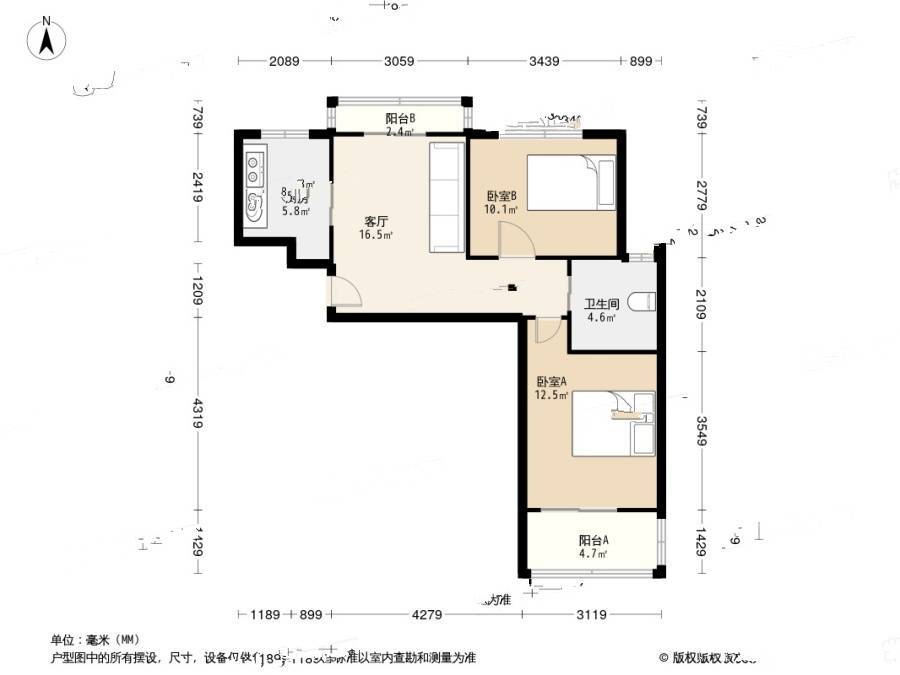 安居金祁新城2室1厅1卫69㎡户型图