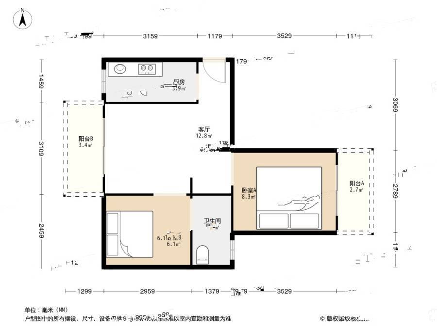 安居金祁新城1室1厅1卫65.4㎡户型图