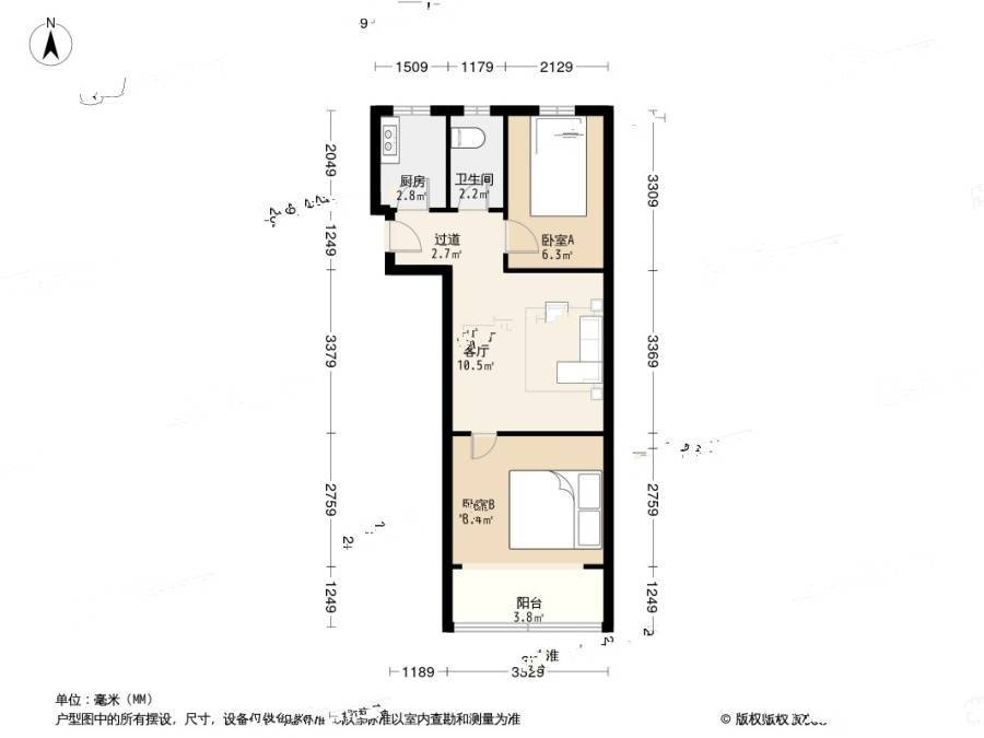 南泉苑2室1厅1卫51.4㎡户型图