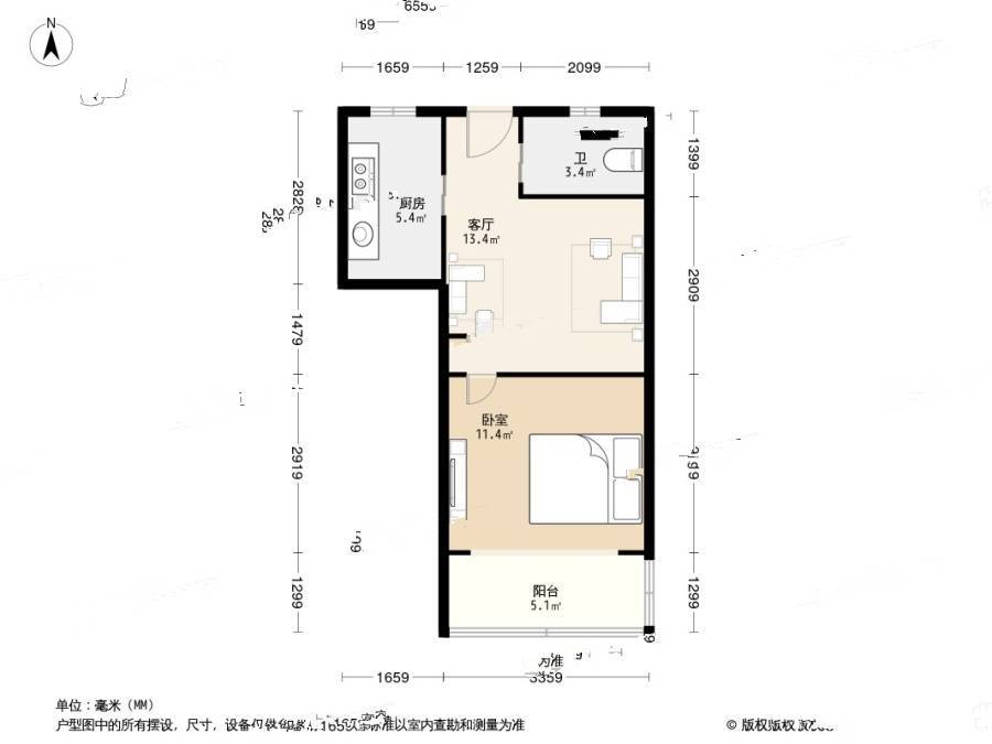 南泉苑1室1厅1卫42.1㎡户型图