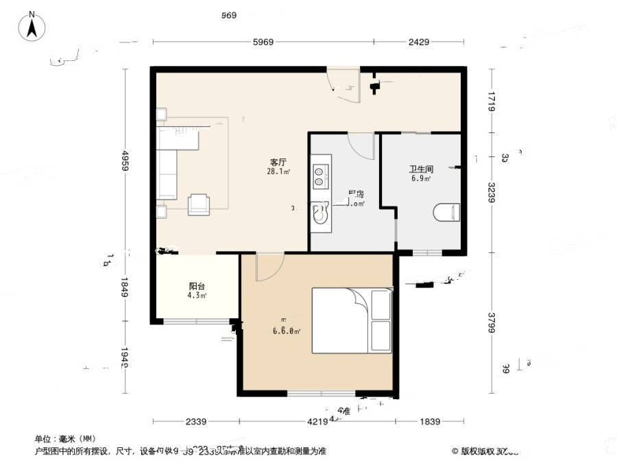 东方悦居1室1厅1卫58.8㎡户型图