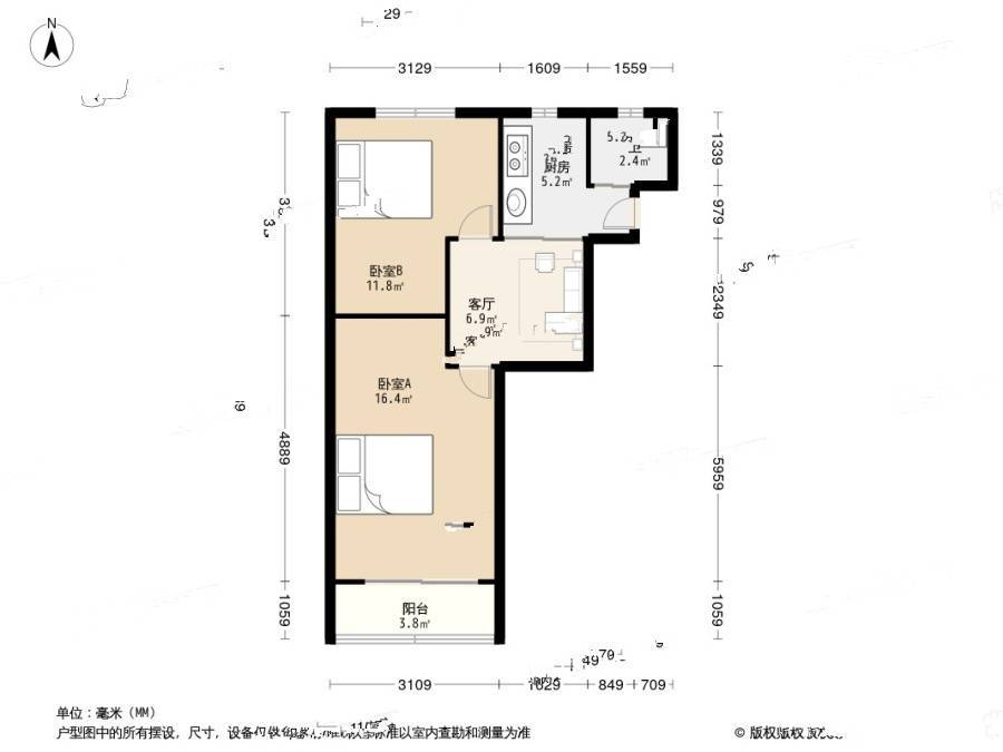 沪东新村2室1厅1卫51.7㎡户型图