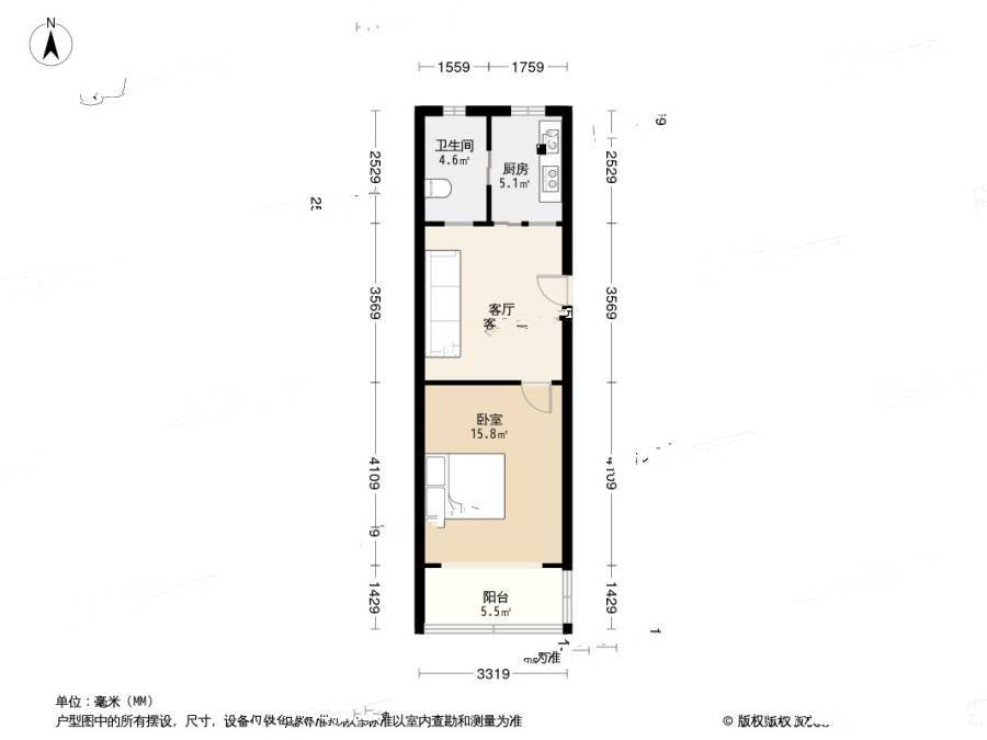 培花久远公寓1室1厅1卫50.4㎡户型图