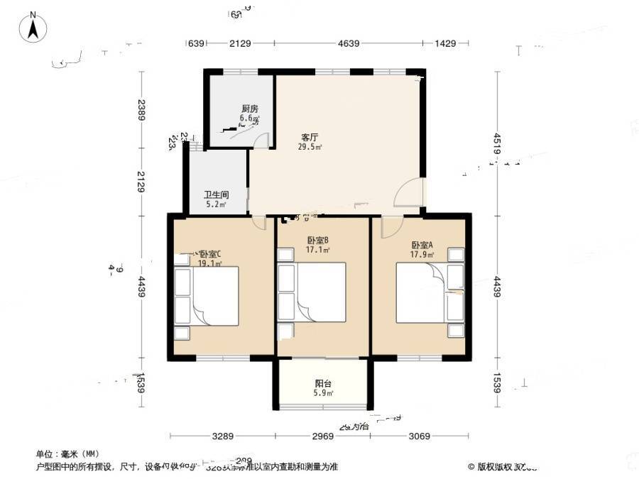 东港花苑三村3室1厅1卫102.5㎡户型图