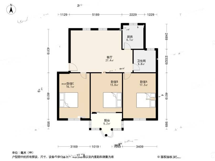 东港花苑三村3室1厅1卫102.5㎡户型图