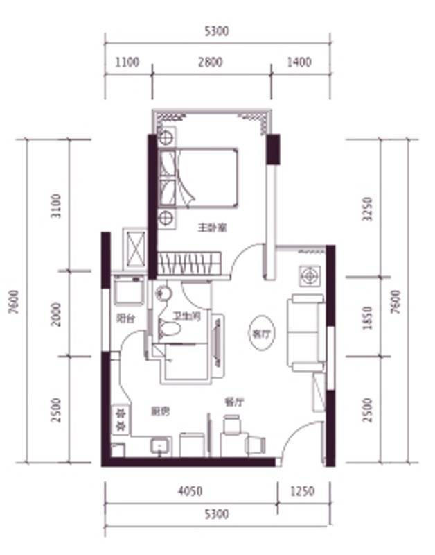 凤凰印象1室2厅1卫37㎡户型图