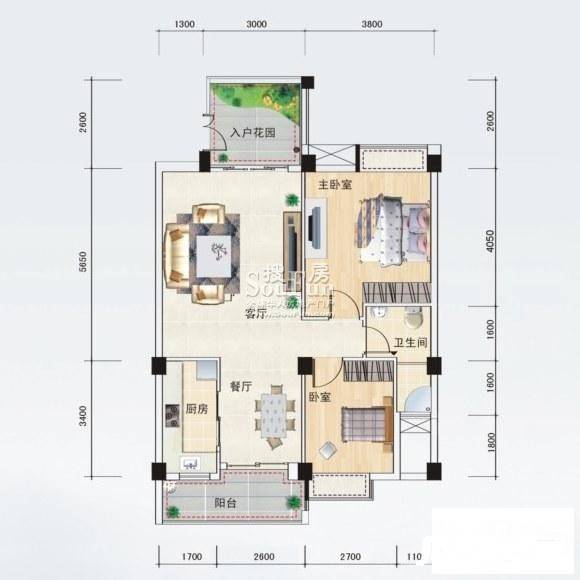 东部明珠雅苑2室2厅1卫86㎡户型图