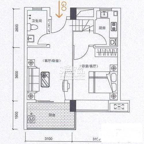 金众蓝钻风景1室1厅1卫51.5㎡户型图