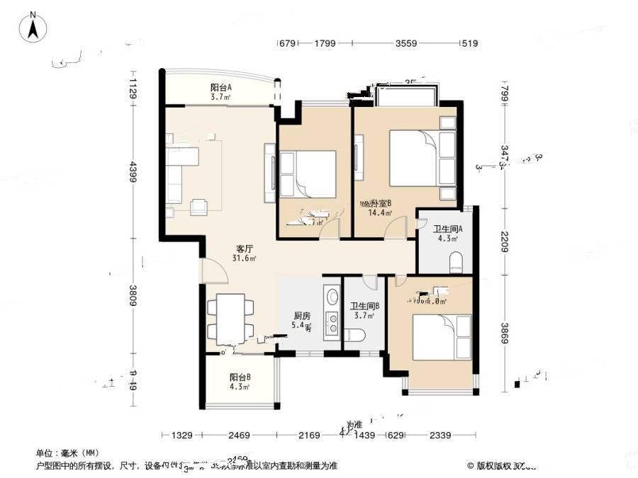 宏发雍景城3室1厅2卫101.3㎡户型图