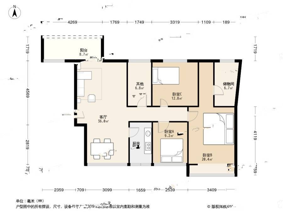 海语山林3室1厅0卫88.9㎡户型图