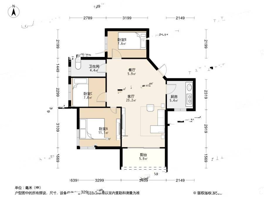 翠竹园3室1厅1卫79.6㎡户型图